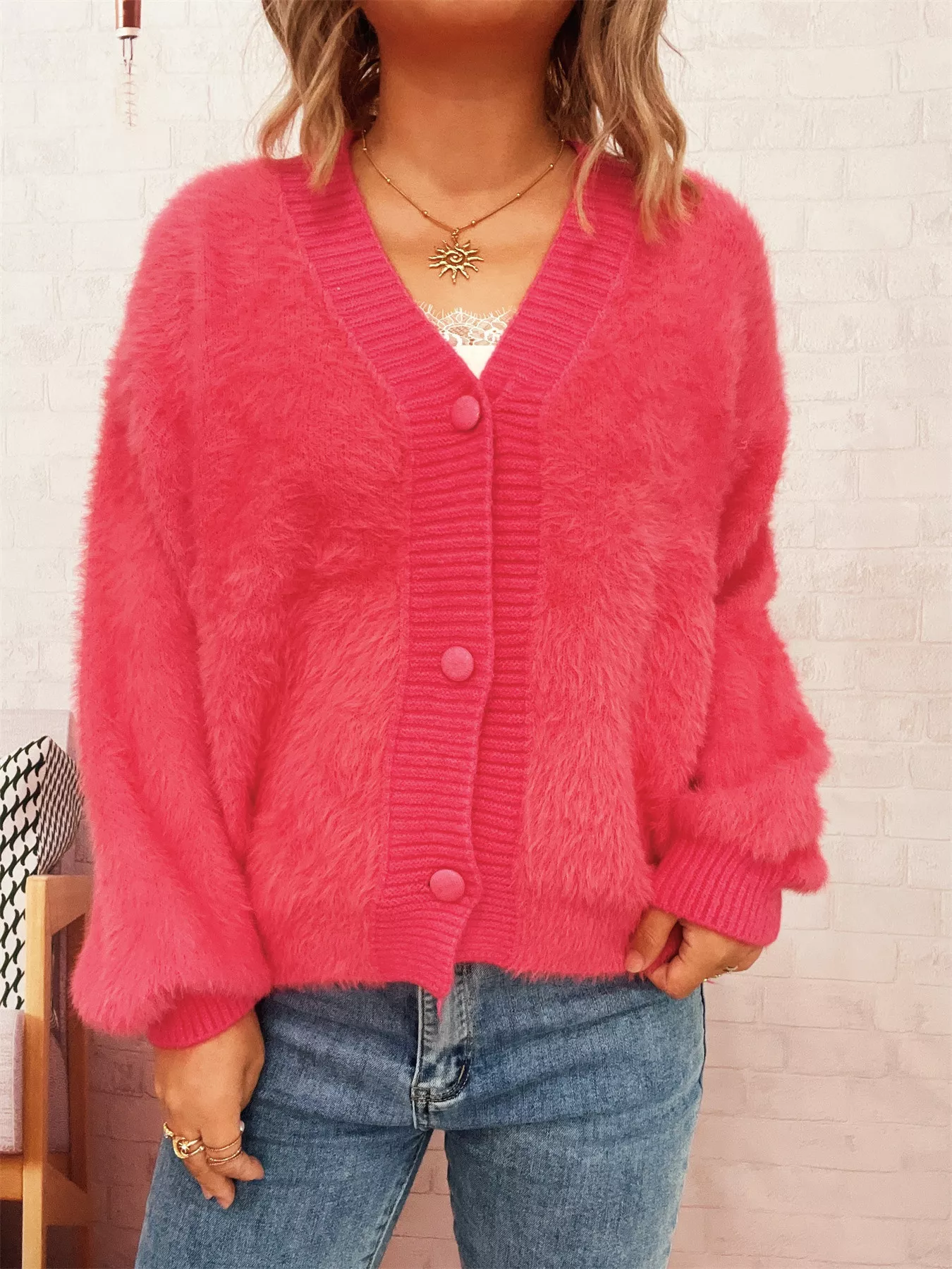 Fuzzy Button-Up Long Sleeve Cardigan - Image 15
