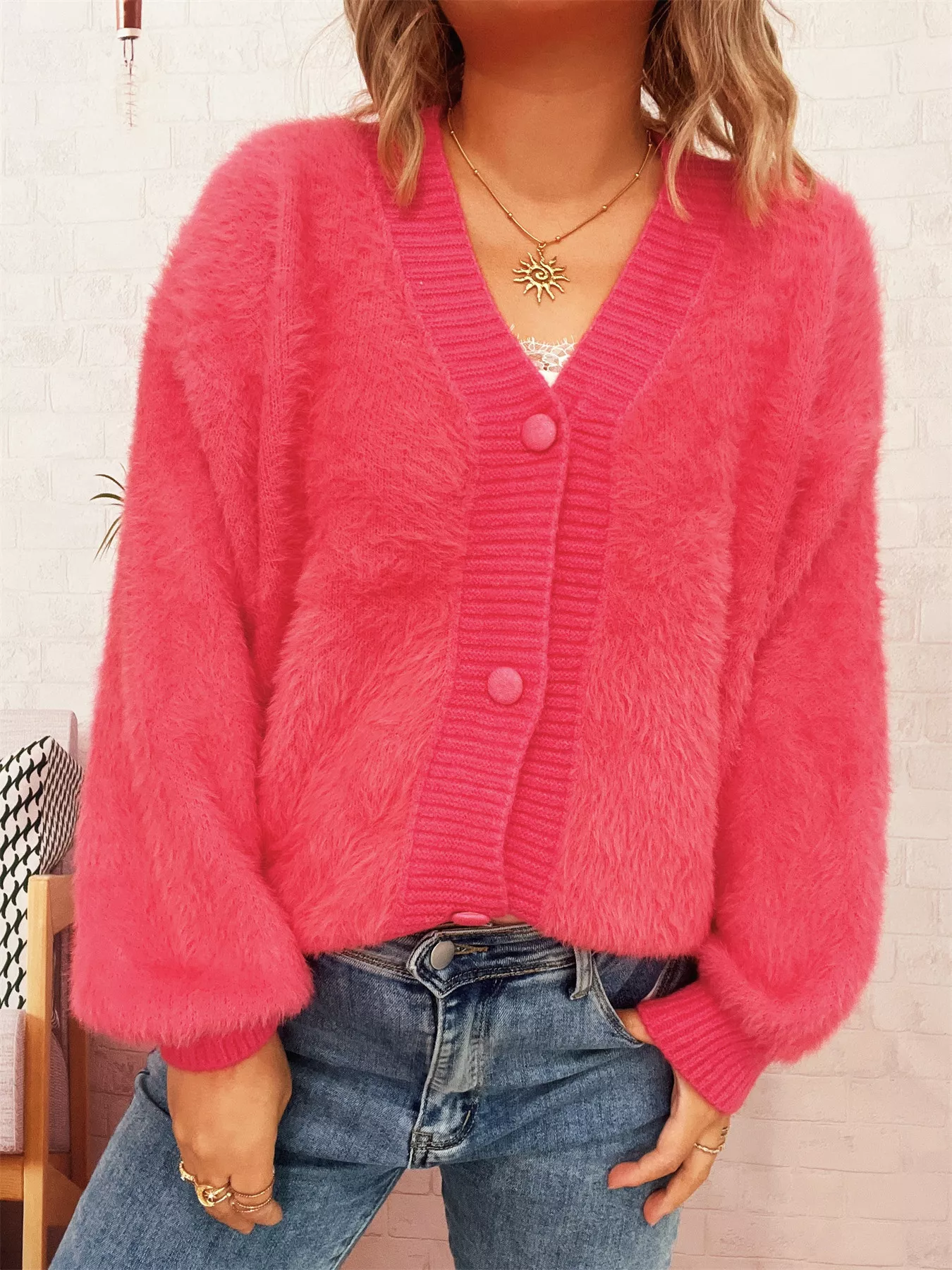 Fuzzy Button-Up Long Sleeve Cardigan - Image 16