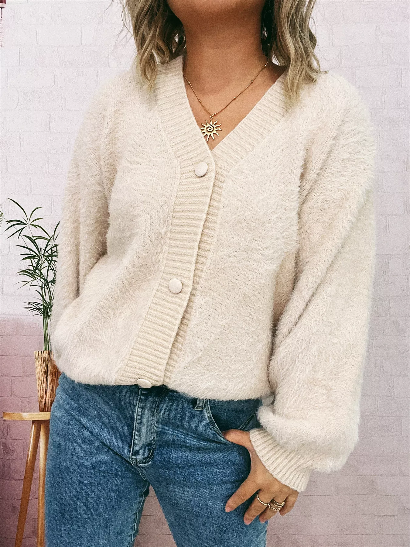 Fuzzy Button-Up Long Sleeve Cardigan - Image 21