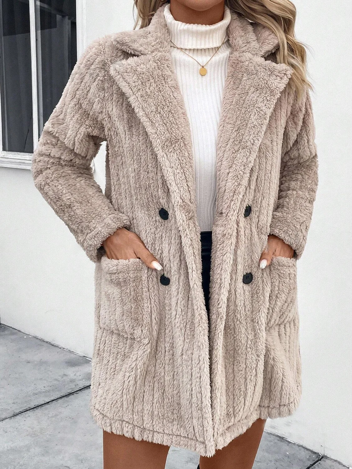 Fuzzy Button Up Long Sleeve Coat with Pockets - Image 3