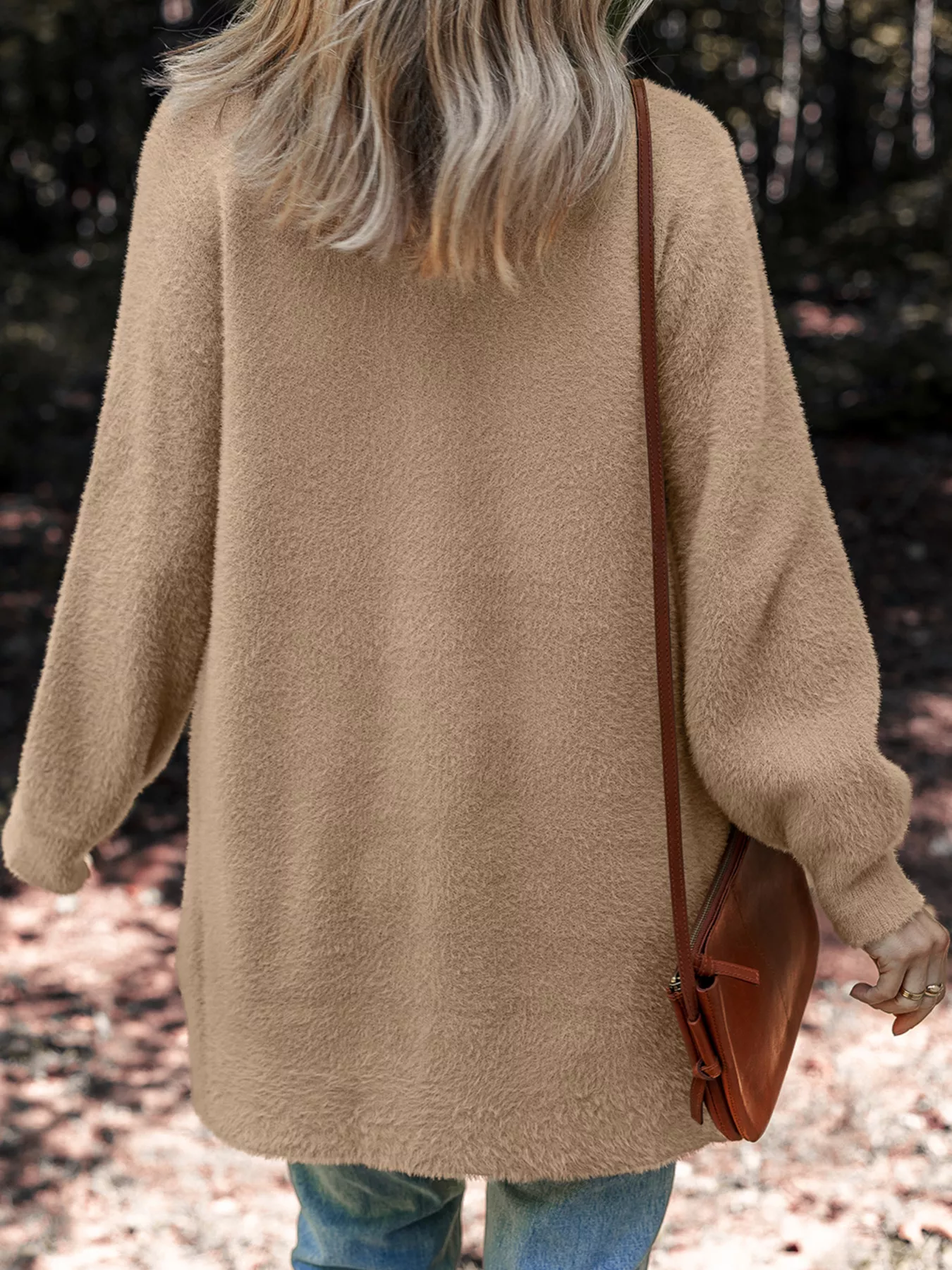 Fuzzy Buttoned Front Cardigan with Pockets - Image 2