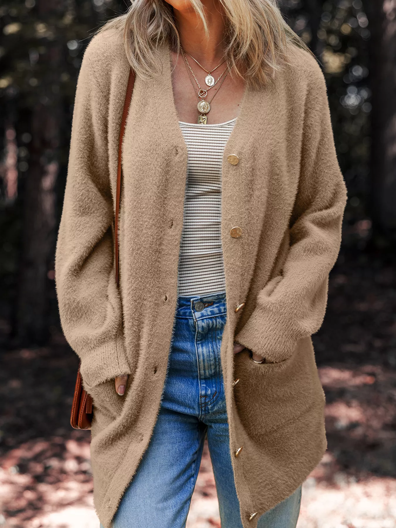 Fuzzy Buttoned Front Cardigan with Pockets - Image 3