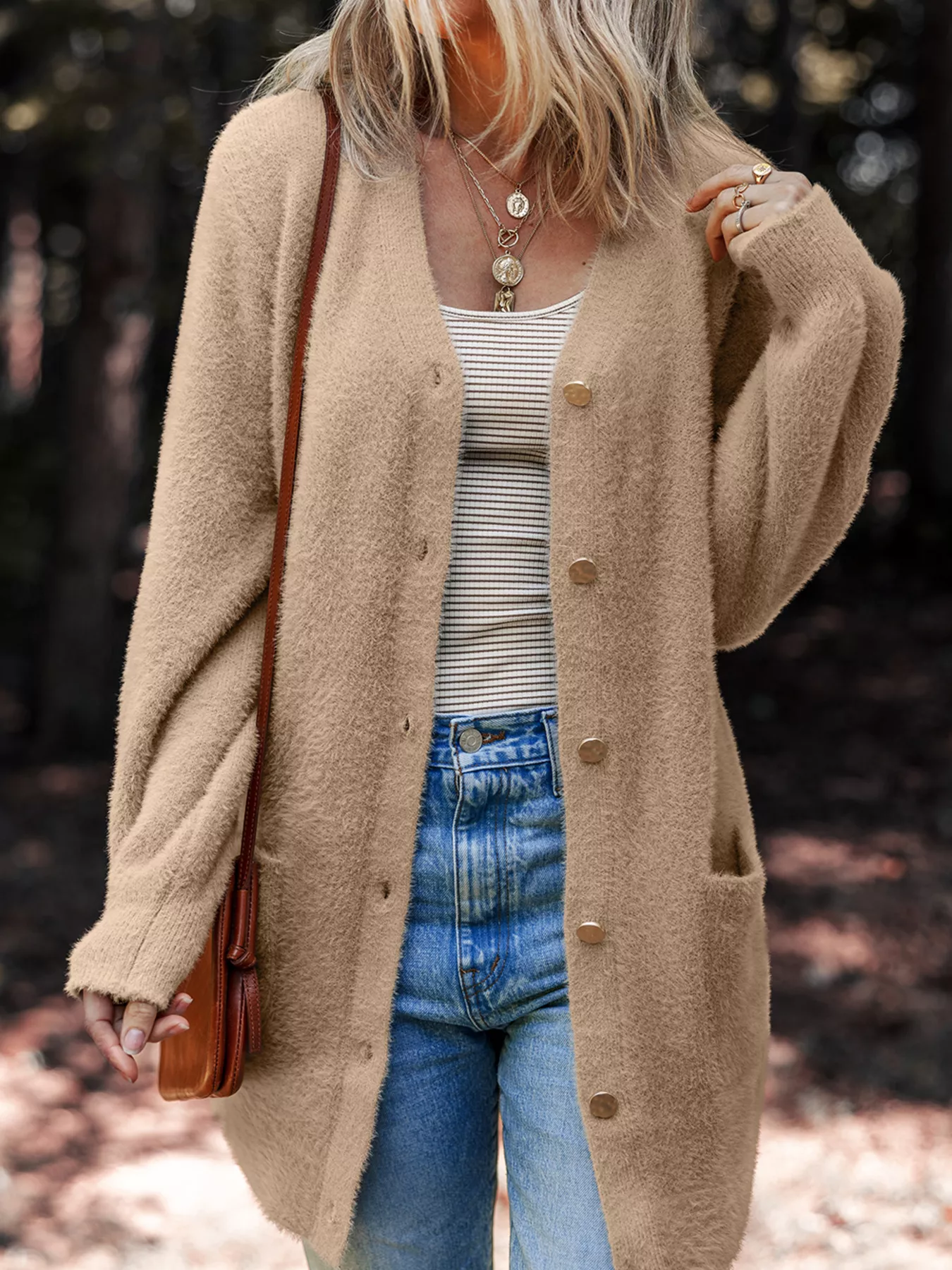 Fuzzy Buttoned Front Cardigan with Pockets - Image 4