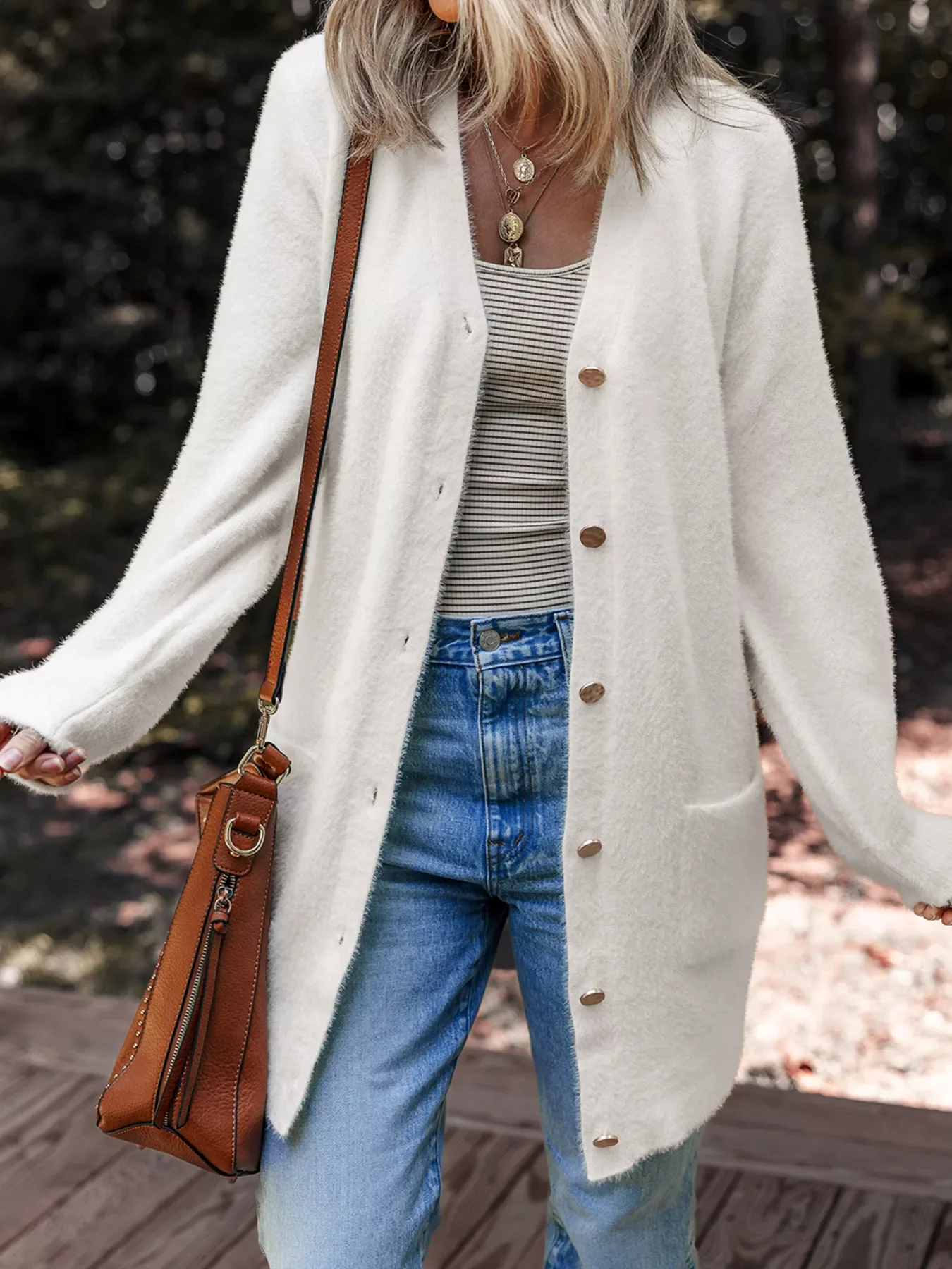 Fuzzy Buttoned Front Cardigan with Pockets - Image 5