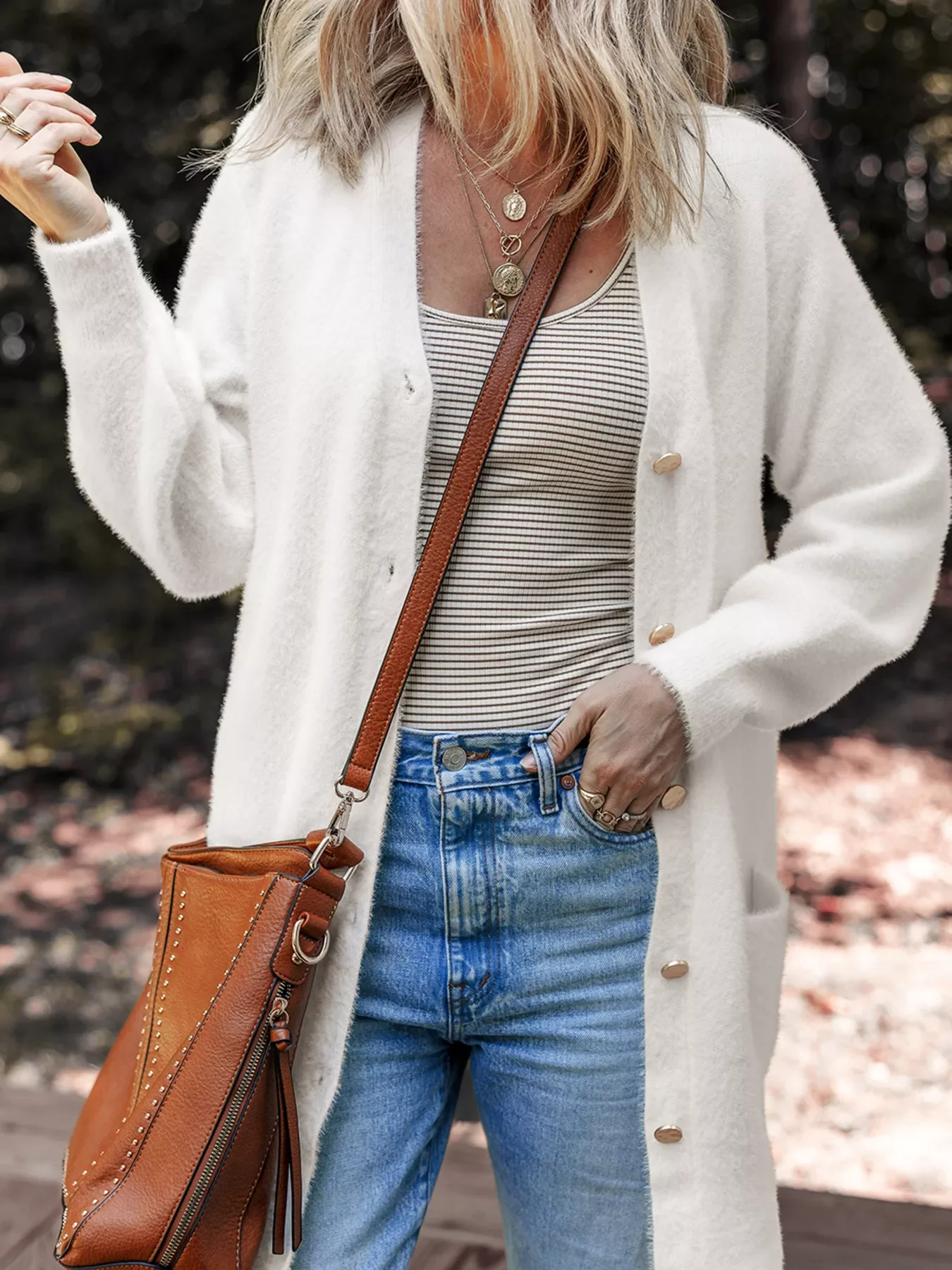 Fuzzy Buttoned Front Cardigan with Pockets - Image 6