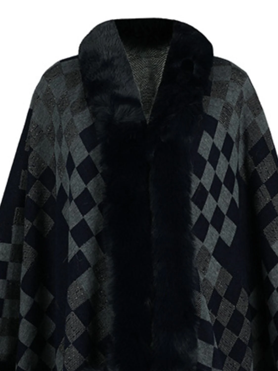 Fuzzy Checkered Long Sleeve Poncho - Image 11