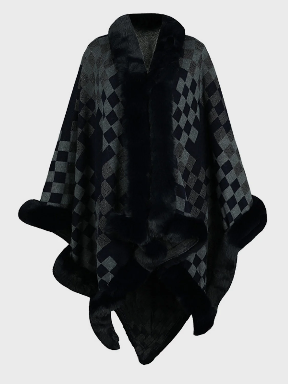 Fuzzy Checkered Long Sleeve Poncho - Image 12