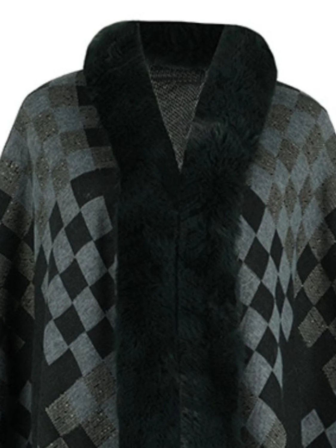 Fuzzy Checkered Long Sleeve Poncho - Image 16
