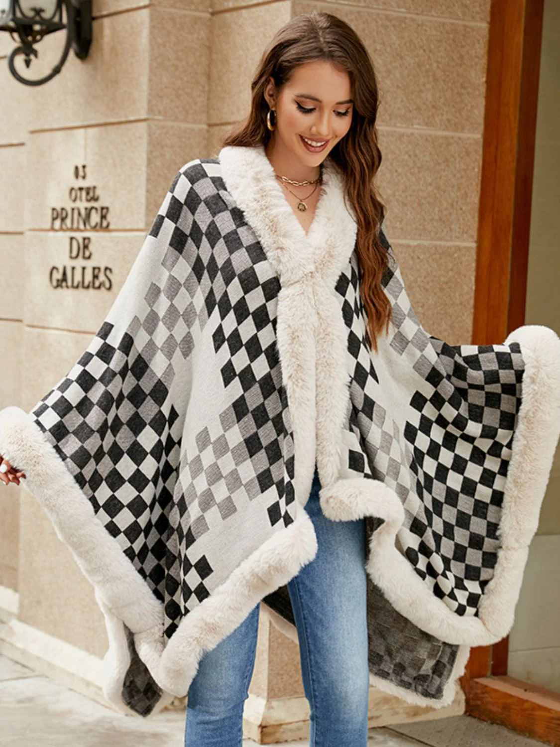 Fuzzy Checkered Long Sleeve Poncho - Image 3