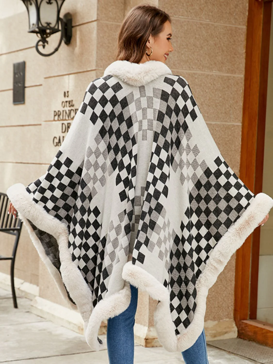 Fuzzy Checkered Long Sleeve Poncho - Image 4