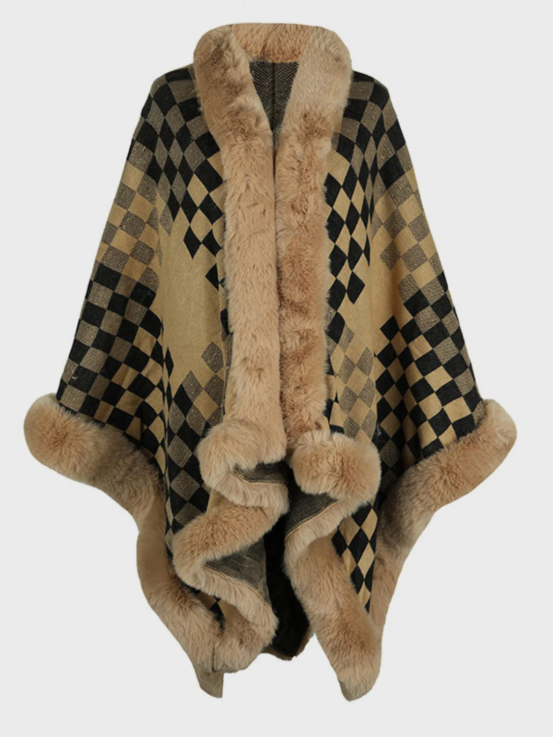 Fuzzy Checkered Long Sleeve Poncho - Image 5