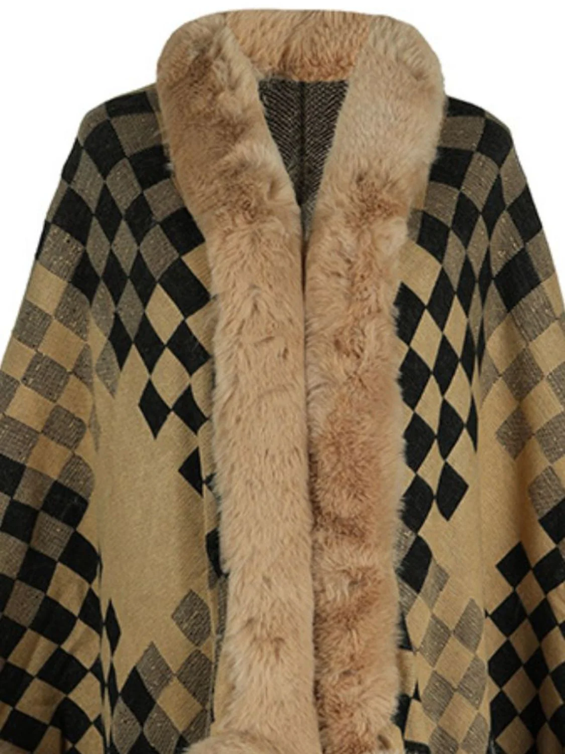 Fuzzy Checkered Long Sleeve Poncho - Image 6