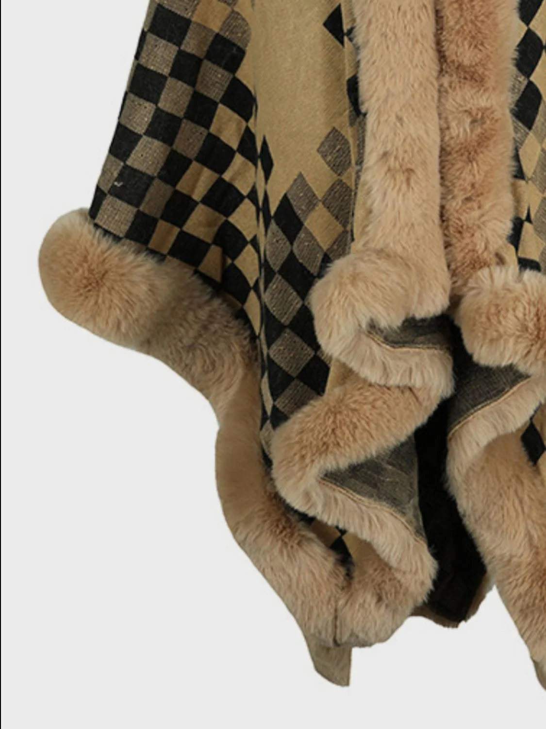 Fuzzy Checkered Long Sleeve Poncho - Image 7
