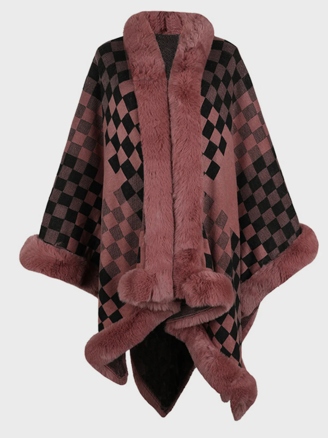 Fuzzy Checkered Long Sleeve Poncho - Image 8