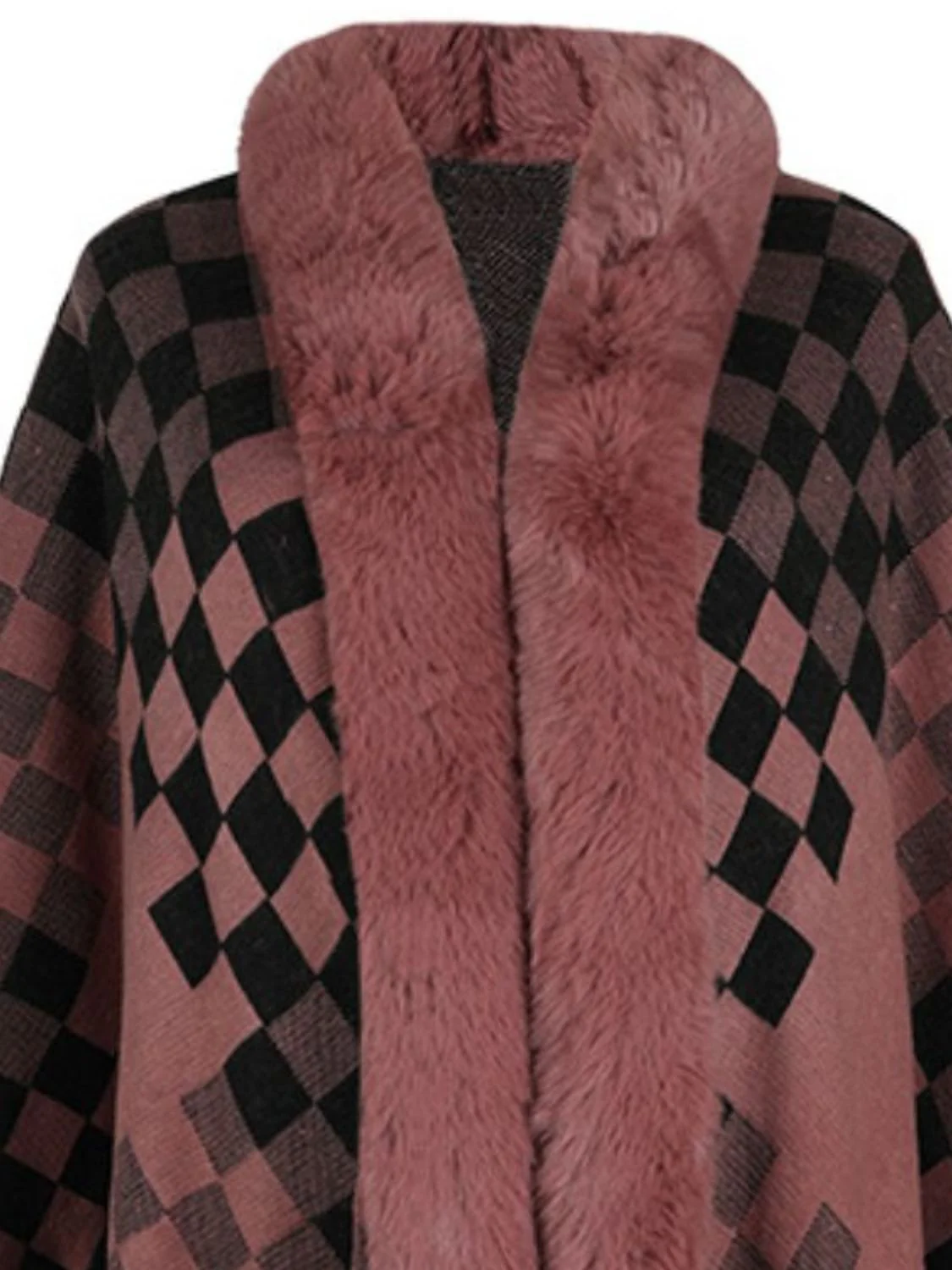 Fuzzy Checkered Long Sleeve Poncho - Image 9