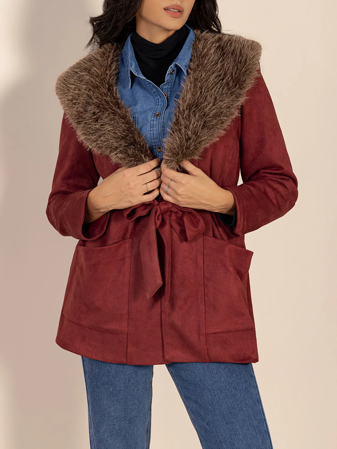 Fuzzy Collared Neck Tie Waist Jacket - Image 3