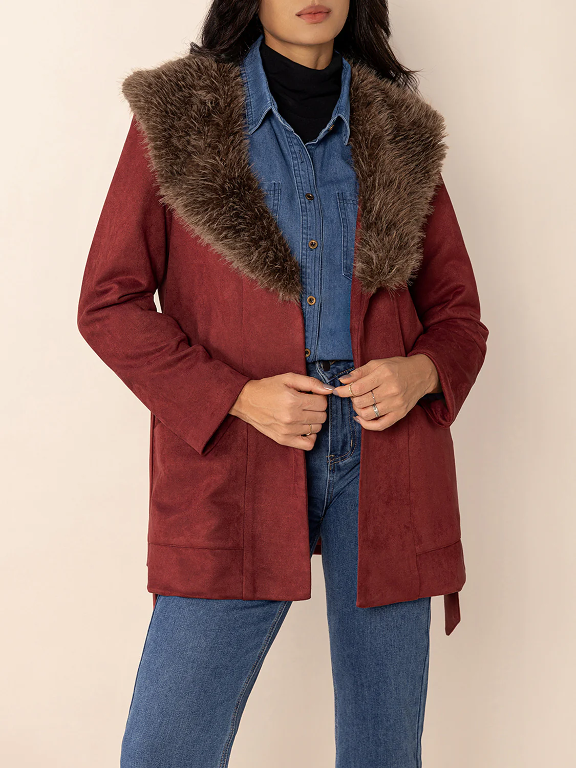 Fuzzy Collared Neck Tie Waist Jacket - Image 4