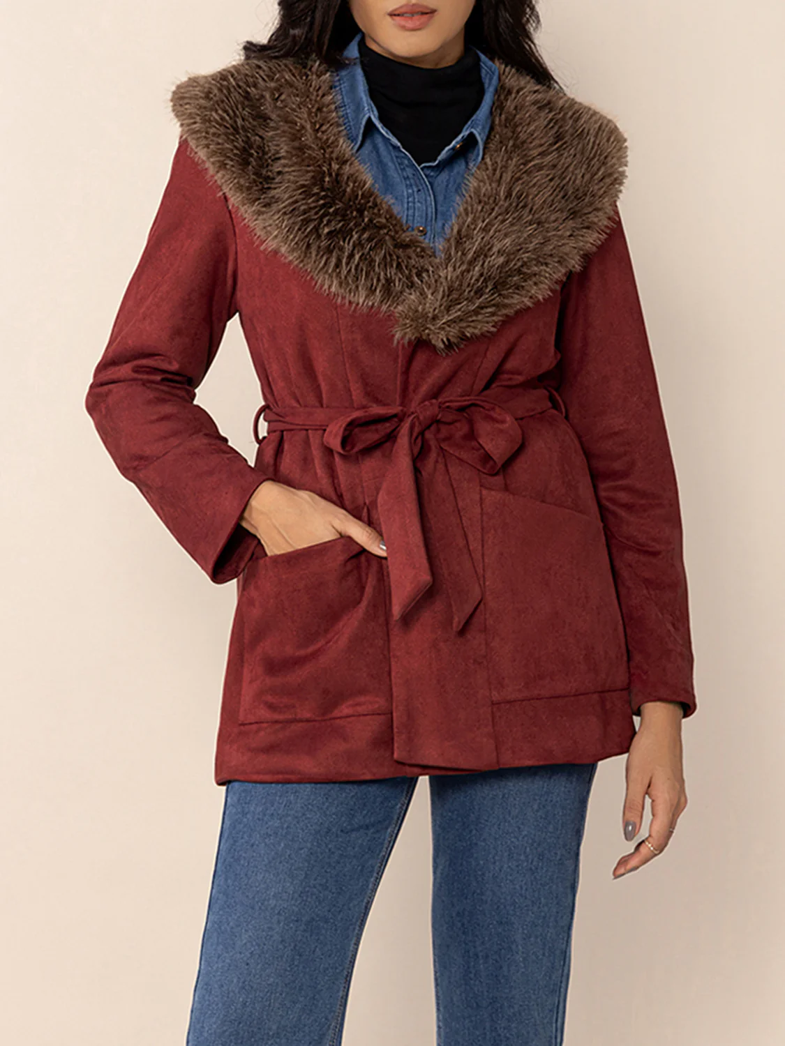 Fuzzy Collared Neck Tie Waist Jacket - Image 5
