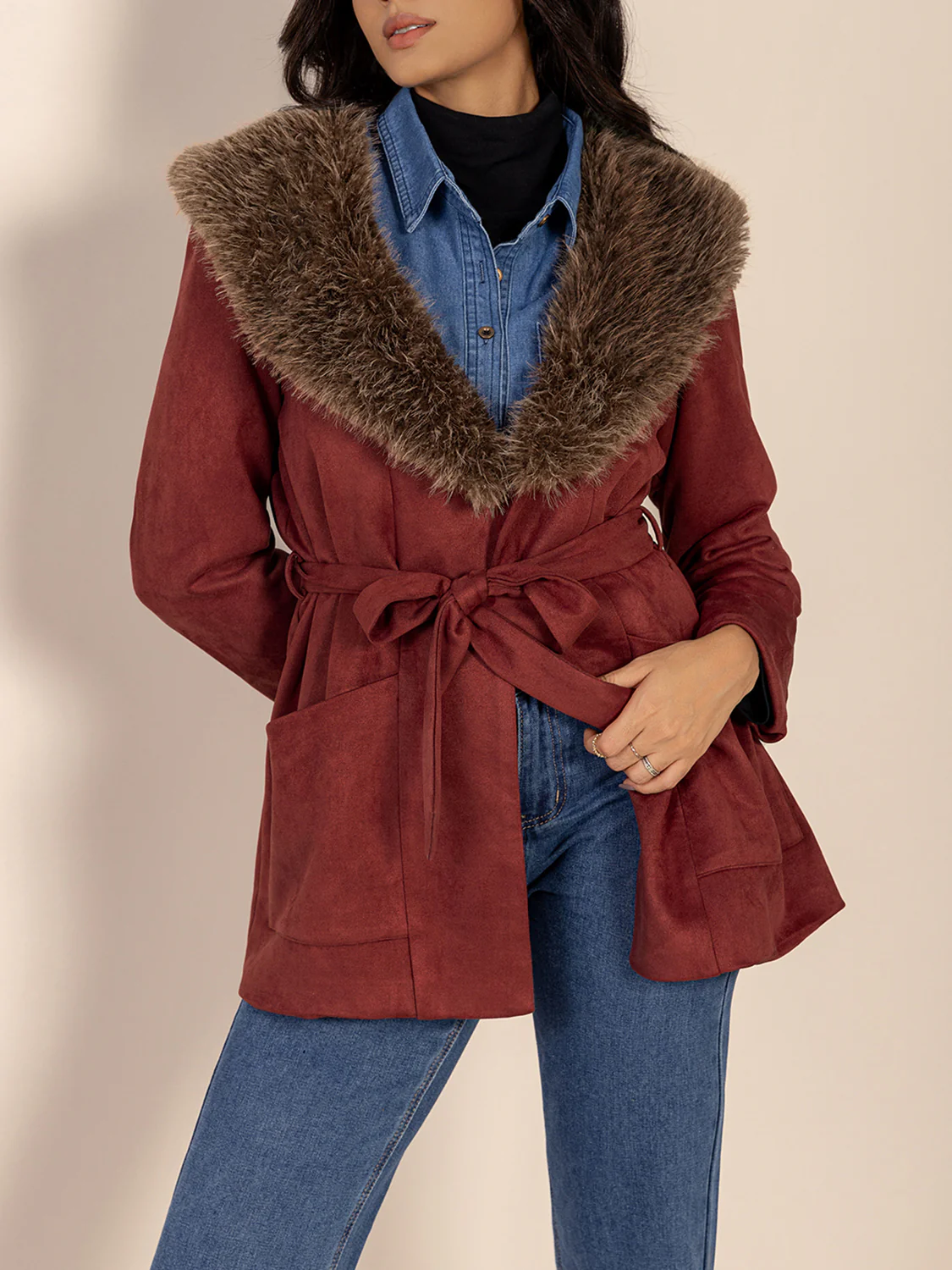Fuzzy Collared Neck Tie Waist Jacket - Image 6