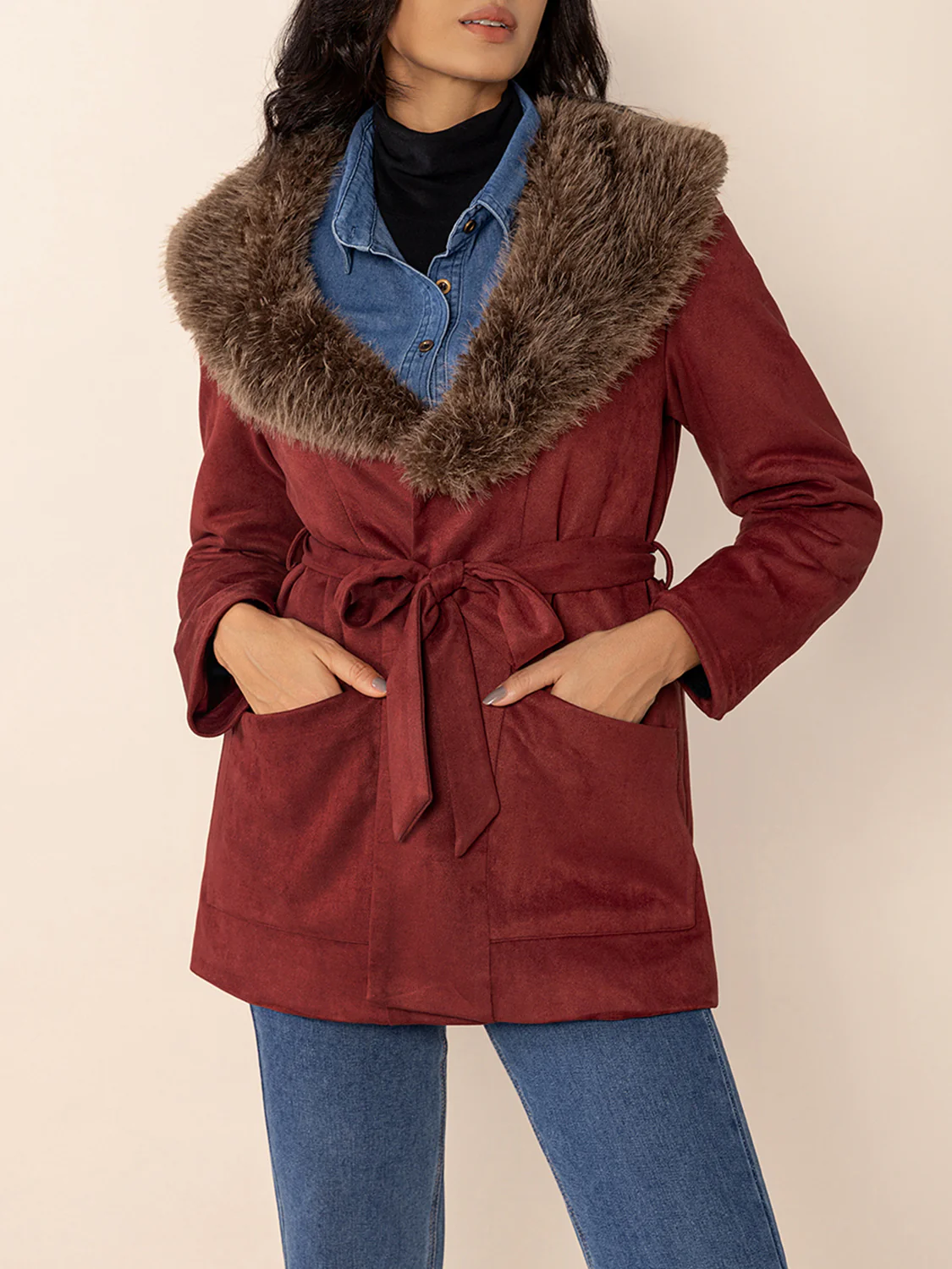 Fuzzy Collared Neck Tie Waist Jacket - Image 7