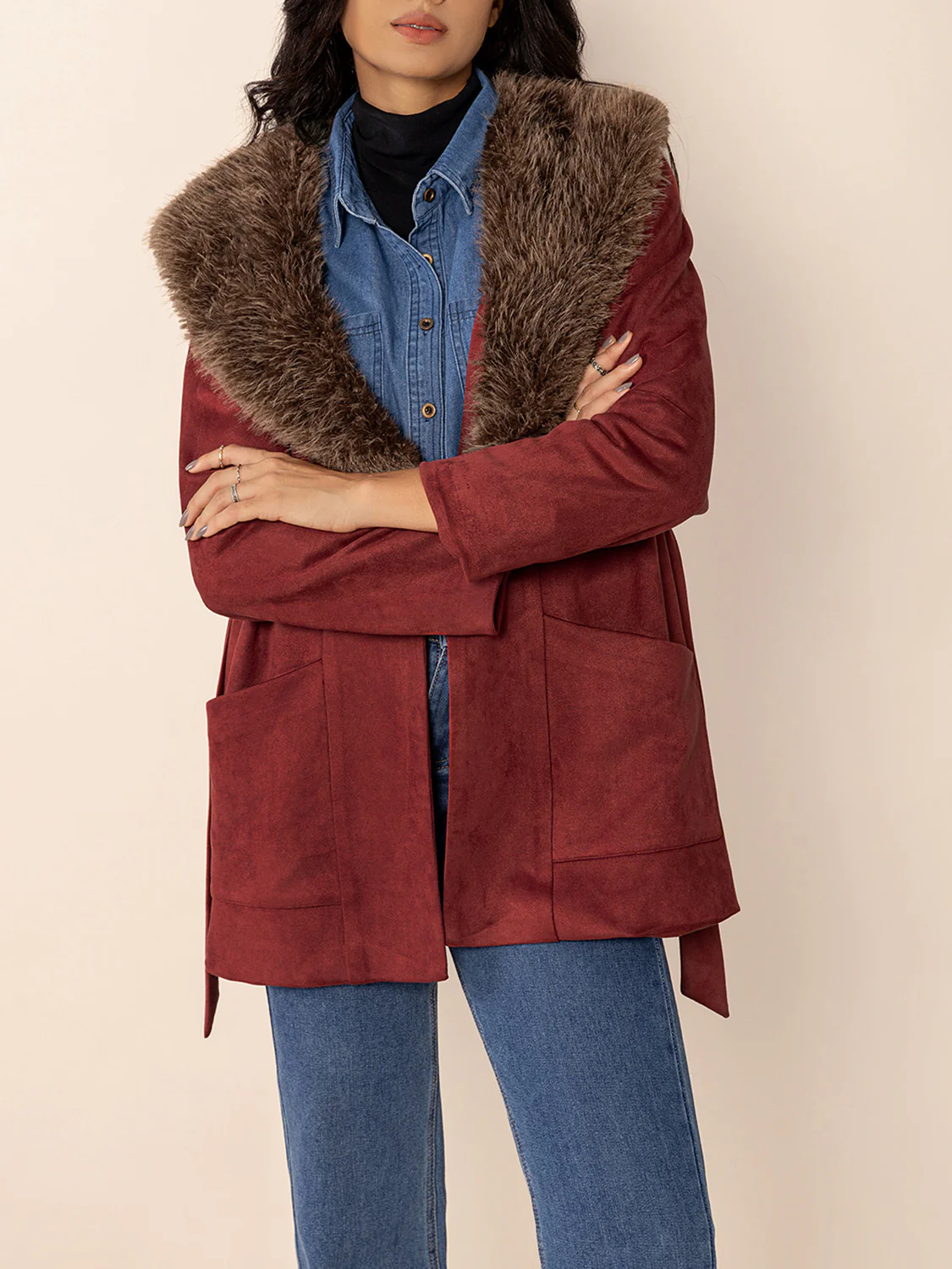 Fuzzy Collared Neck Tie Waist Jacket - Image 8