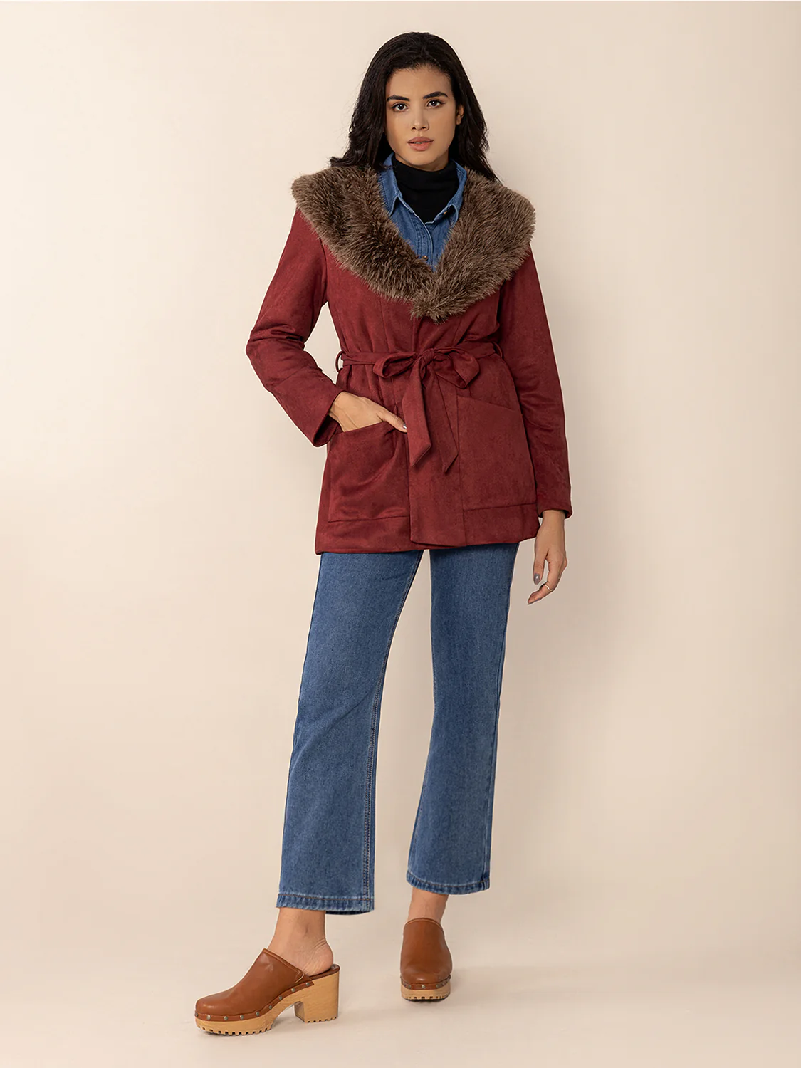 Fuzzy Collared Neck Tie Waist Jacket - Image 9