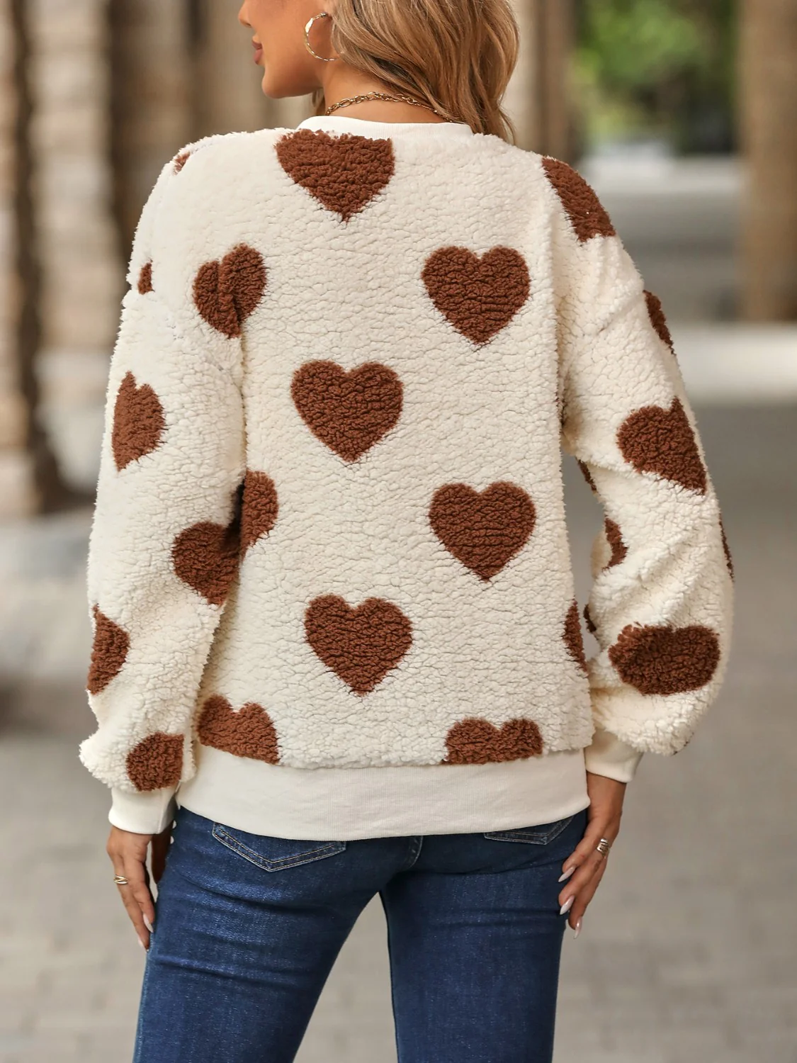 Fuzzy Heart Dropped Shoulder Sweatshirt - Image 3