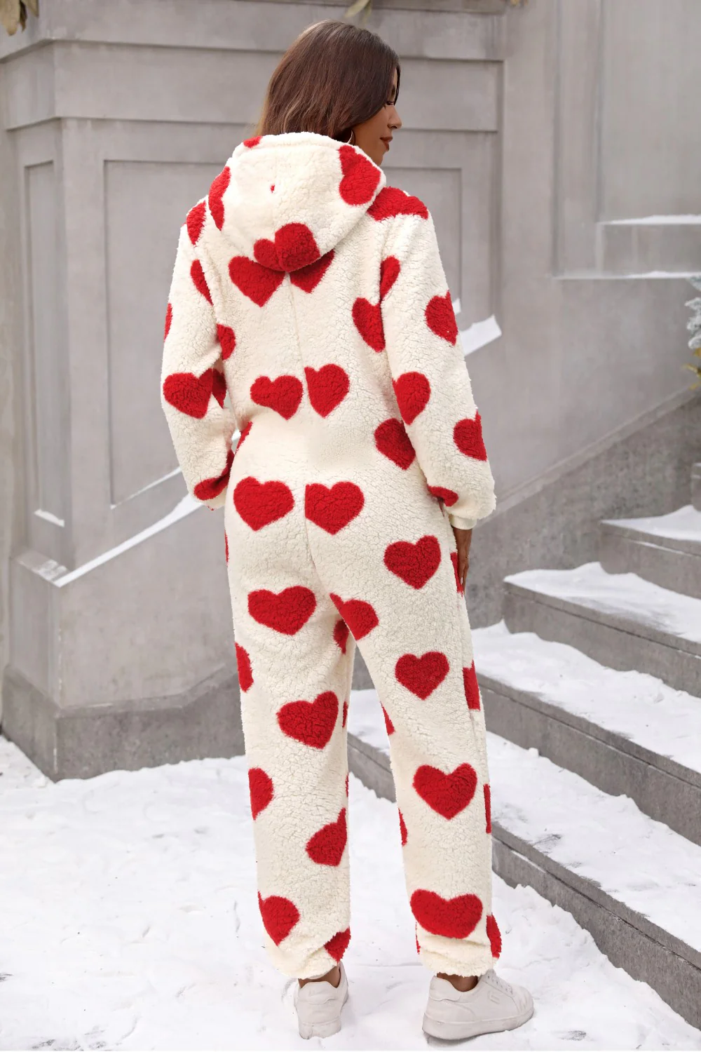 Fuzzy Heart Zip Up Hooded Lounge Jumpsuit - Image 4