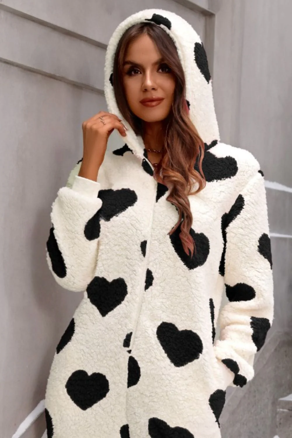 Fuzzy Heart Zip Up Hooded Lounge Jumpsuit - Image 6