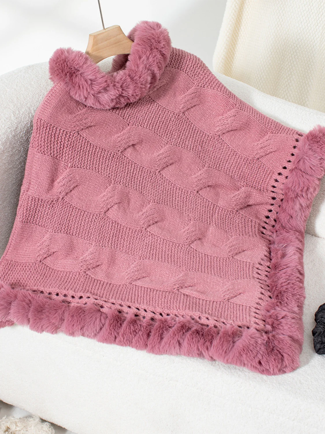 Fuzzy Hem Cable-Knit Poncho - Image 11