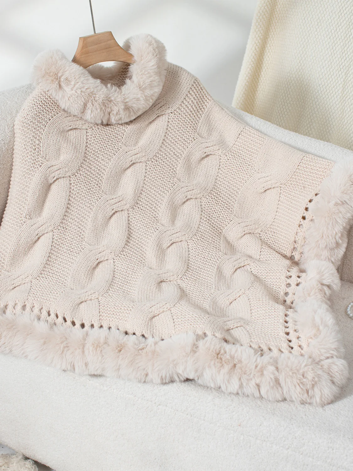 Fuzzy Hem Cable-Knit Poncho - Image 12