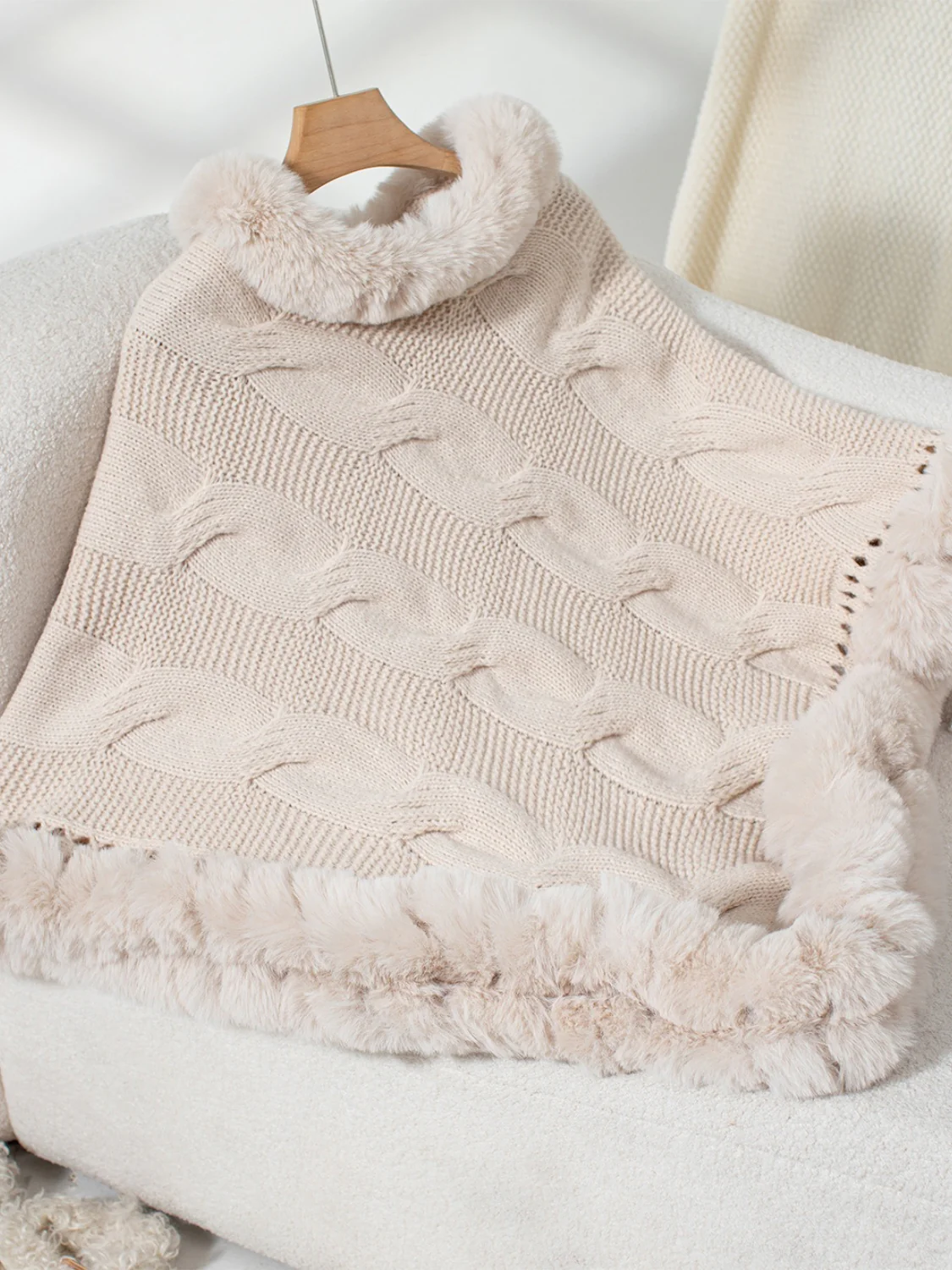 Fuzzy Hem Cable-Knit Poncho - Image 13