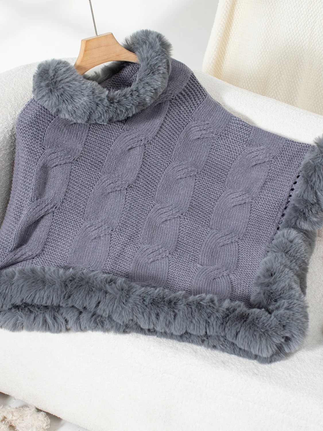 Fuzzy Hem Cable-Knit Poncho - Image 15