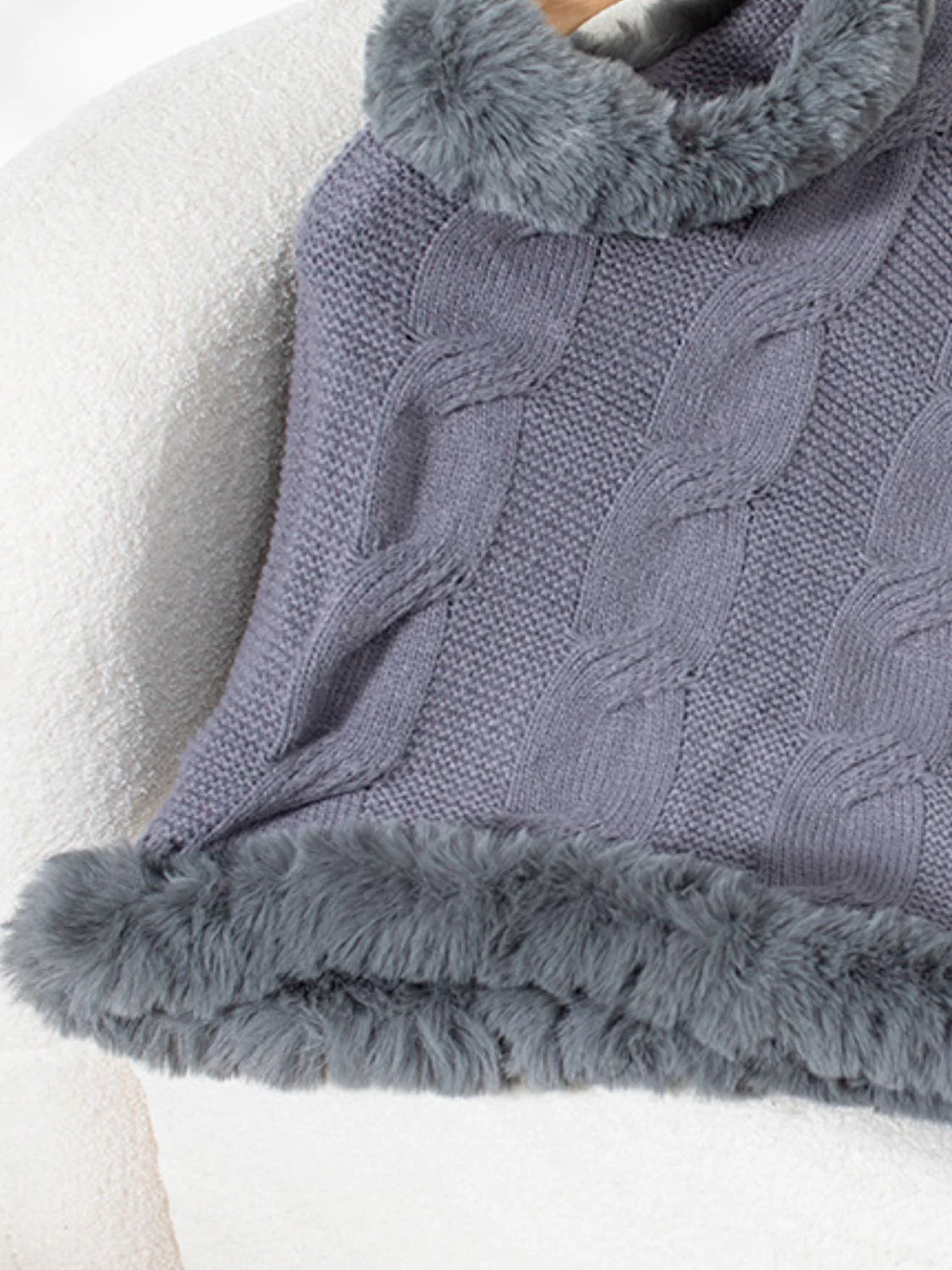Fuzzy Hem Cable-Knit Poncho - Image 17
