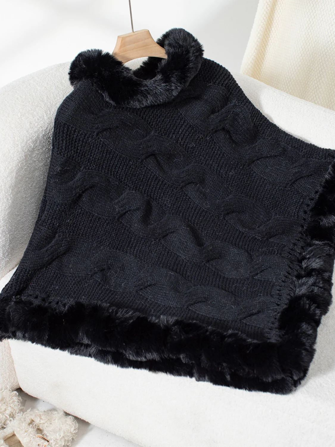 Fuzzy Hem Cable-Knit Poncho - Image 18