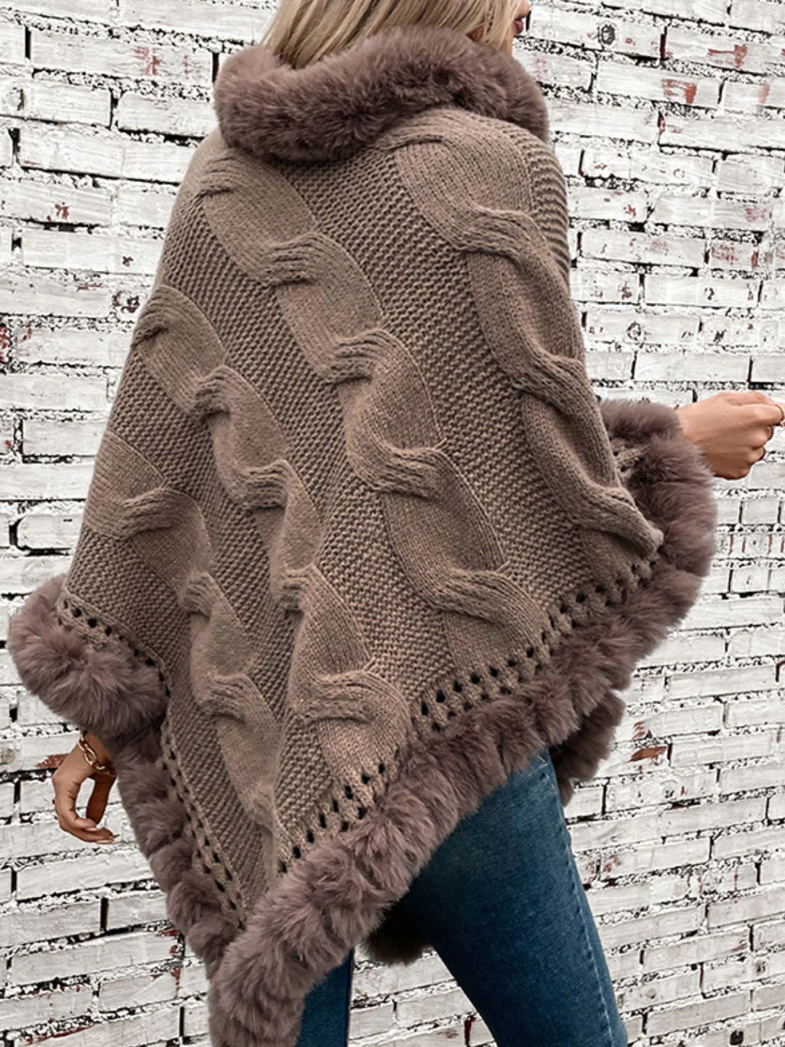 Fuzzy Hem Cable-Knit Poncho - Image 2