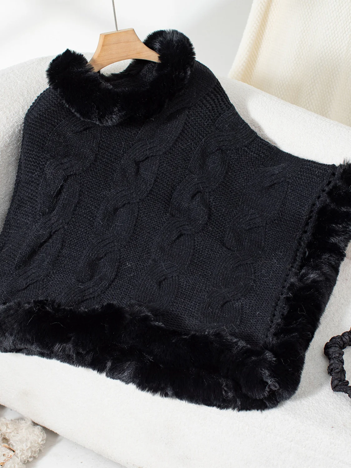 Fuzzy Hem Cable-Knit Poncho - Image 20