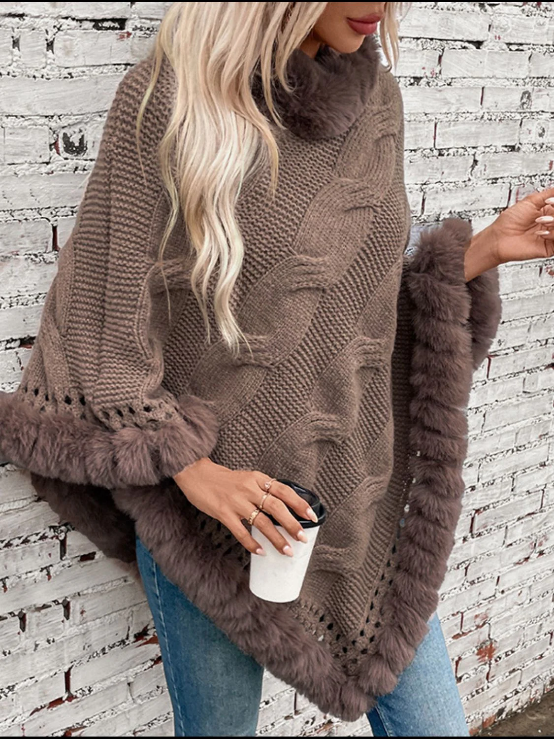 Fuzzy Hem Cable-Knit Poncho - Image 4