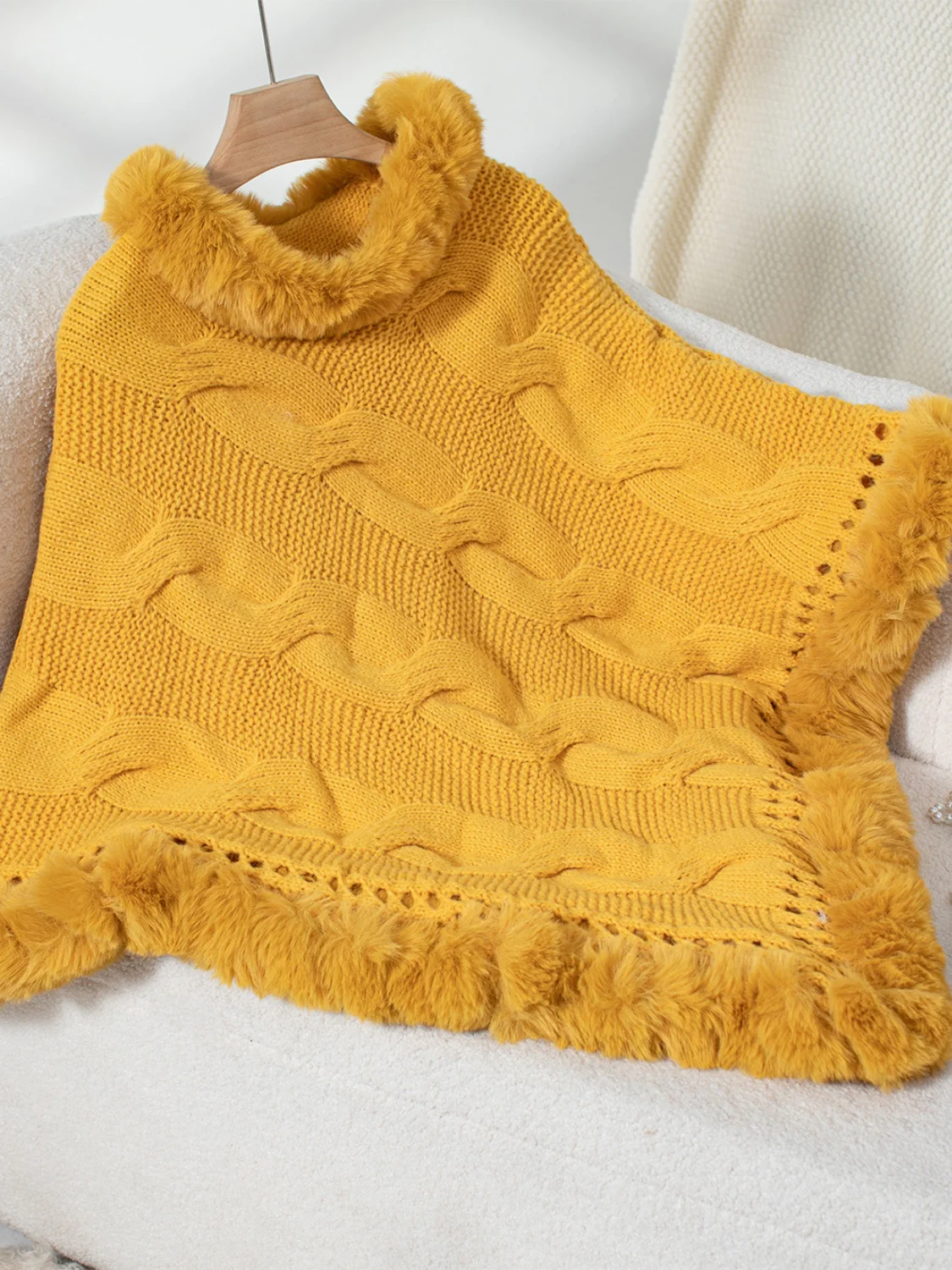 Fuzzy Hem Cable-Knit Poncho - Image 6