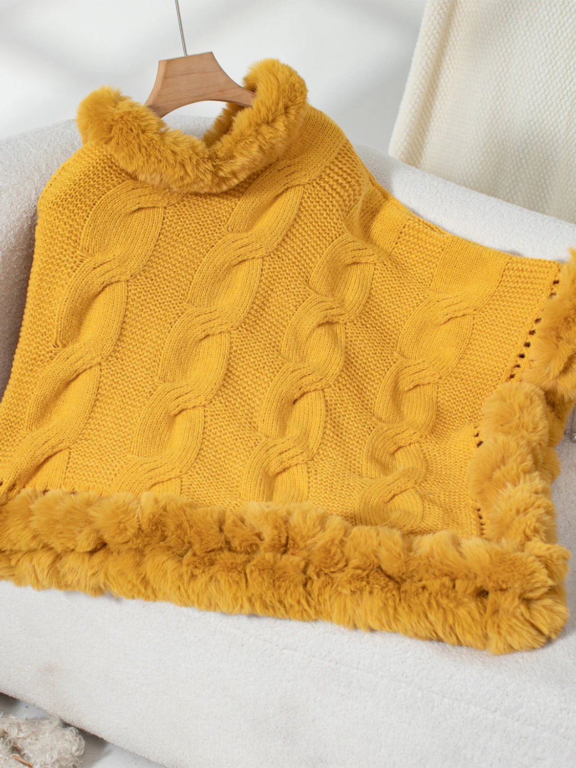 Fuzzy Hem Cable-Knit Poncho - Image 7