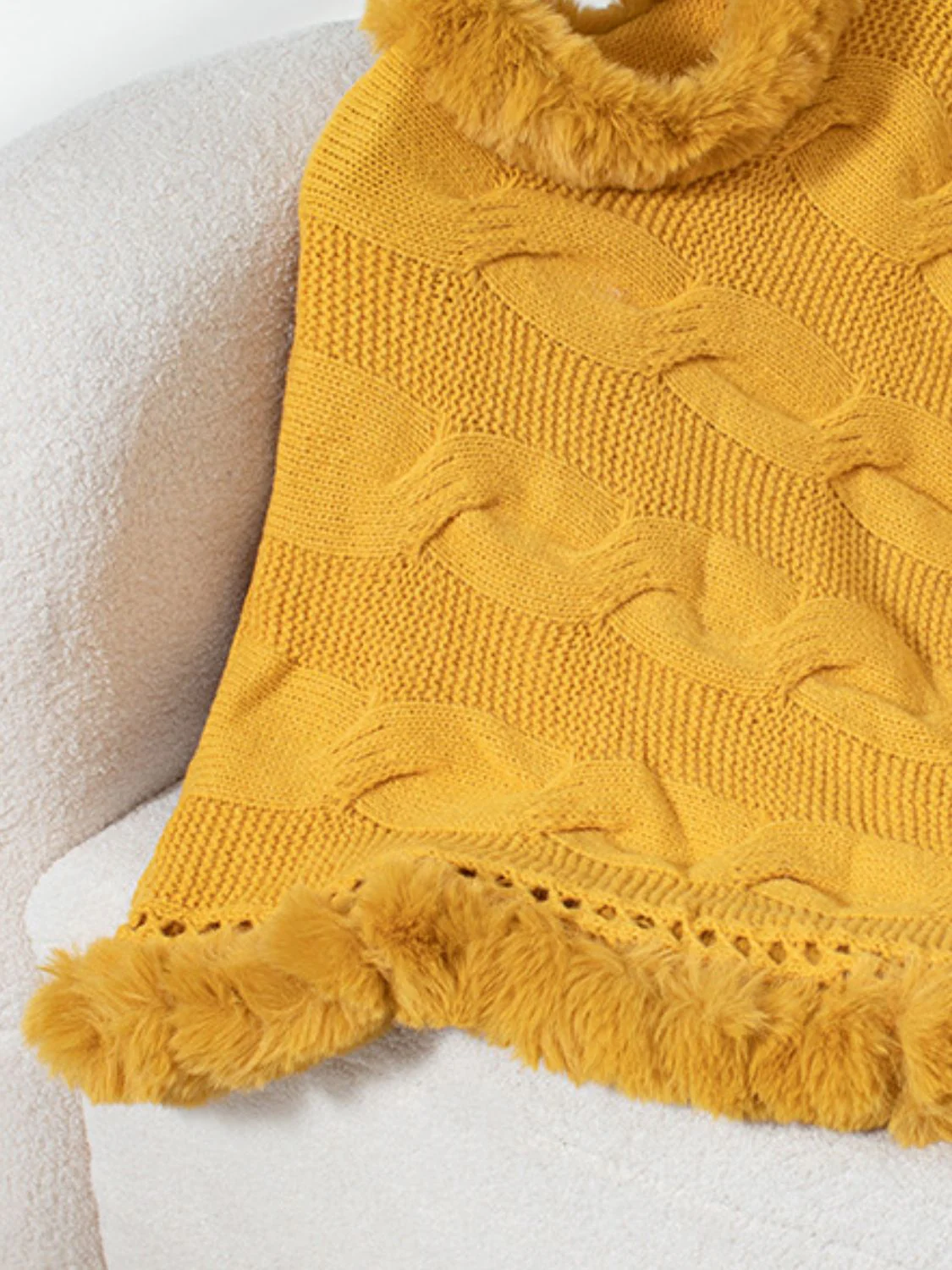 Fuzzy Hem Cable-Knit Poncho - Image 8
