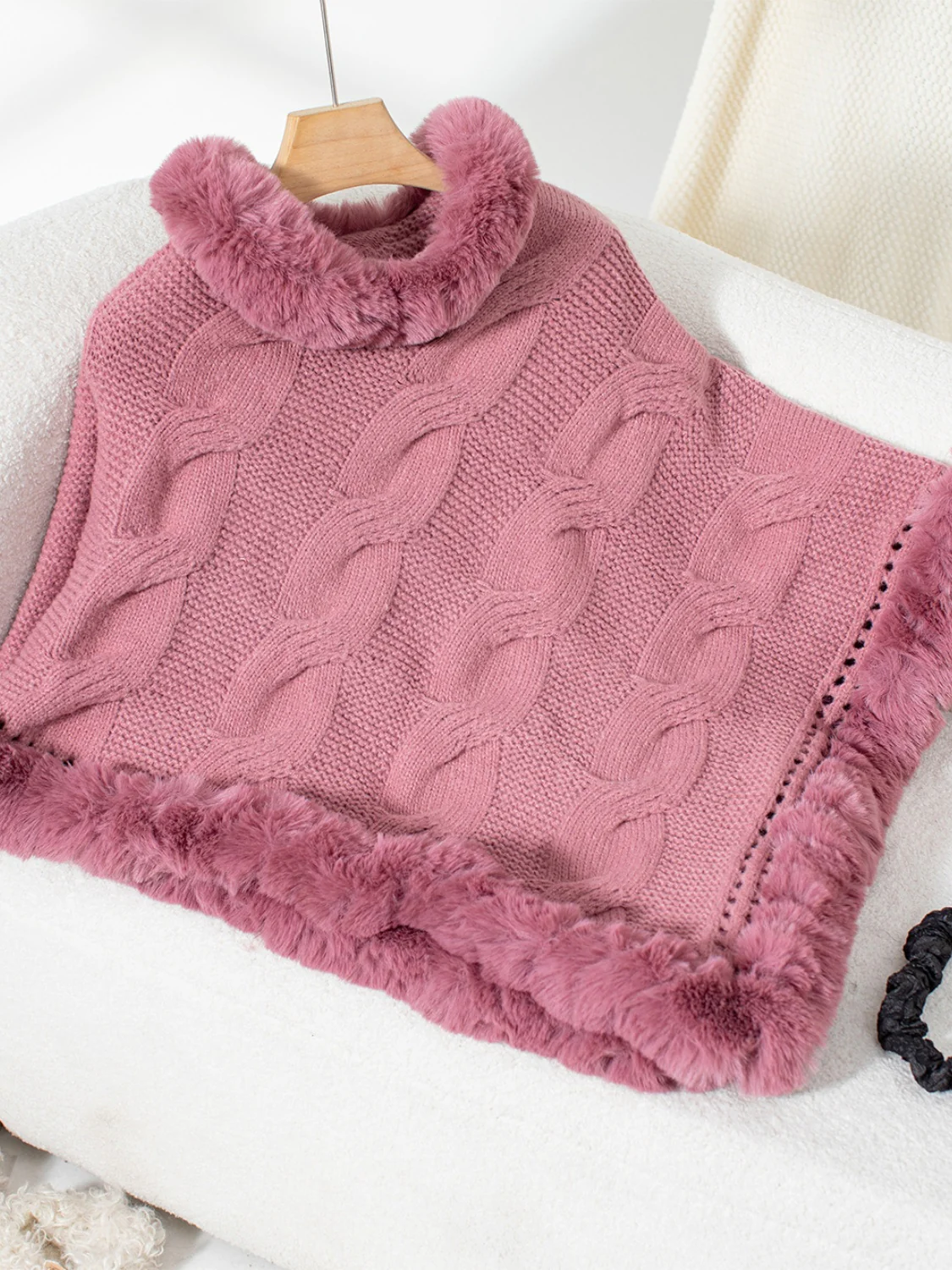 Fuzzy Hem Cable-Knit Poncho - Image 9