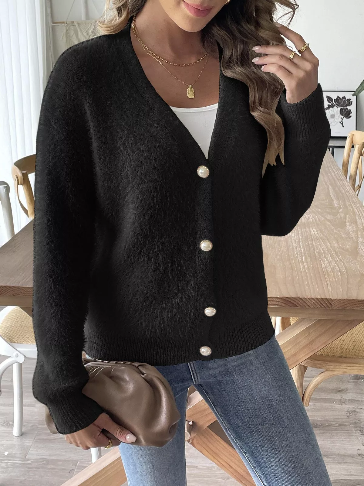 Fuzzy Knit V-Neck Cardigan - Image 11