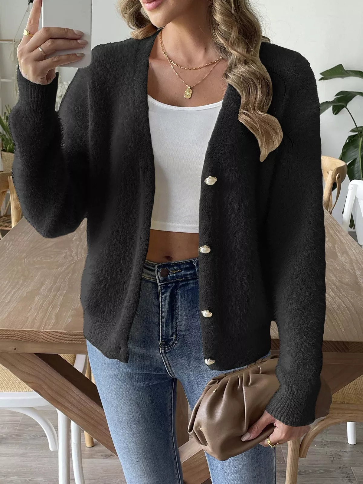 Fuzzy Knit V-Neck Cardigan - Image 12