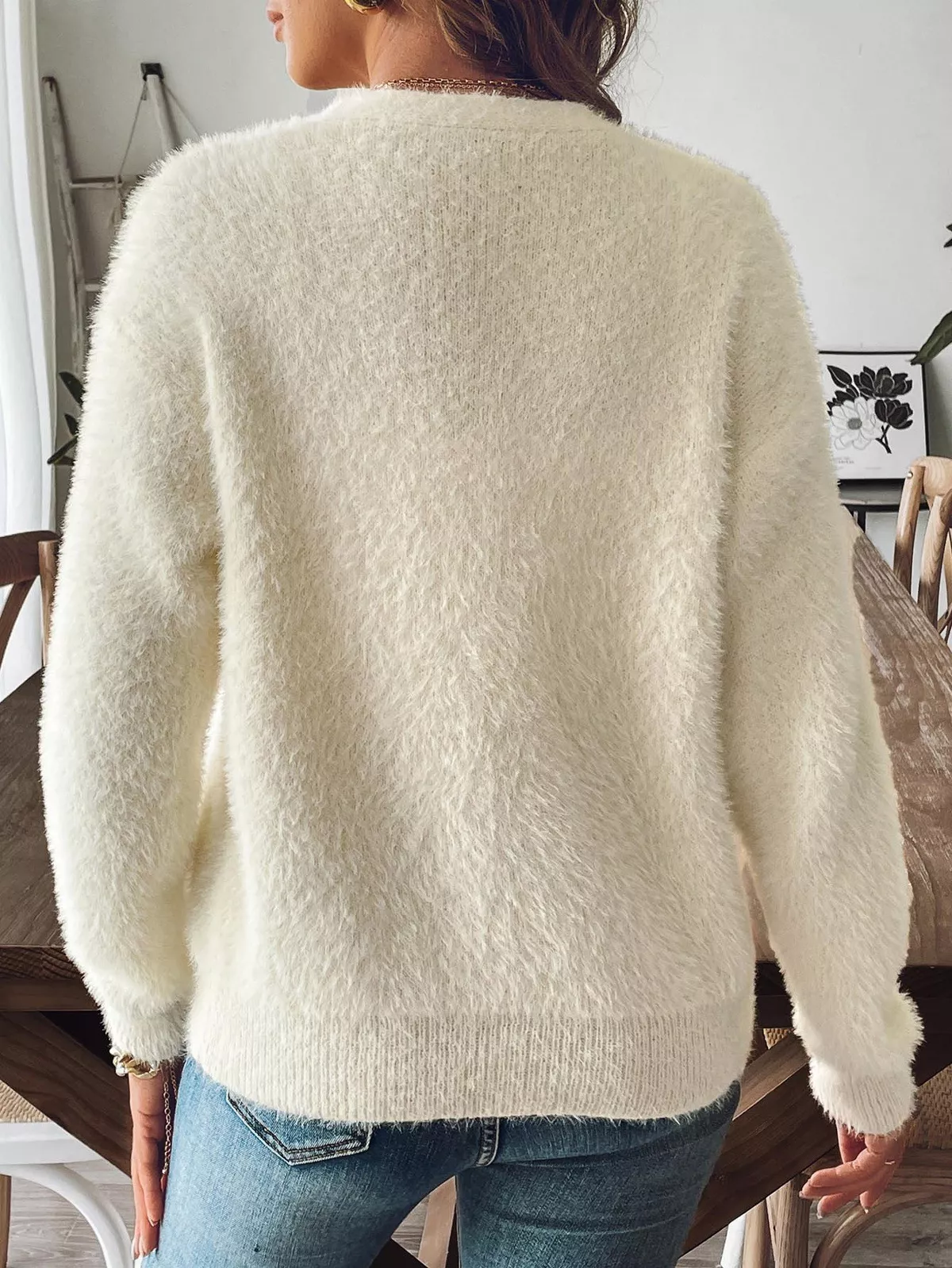 Fuzzy Knit V-Neck Cardigan - Image 6