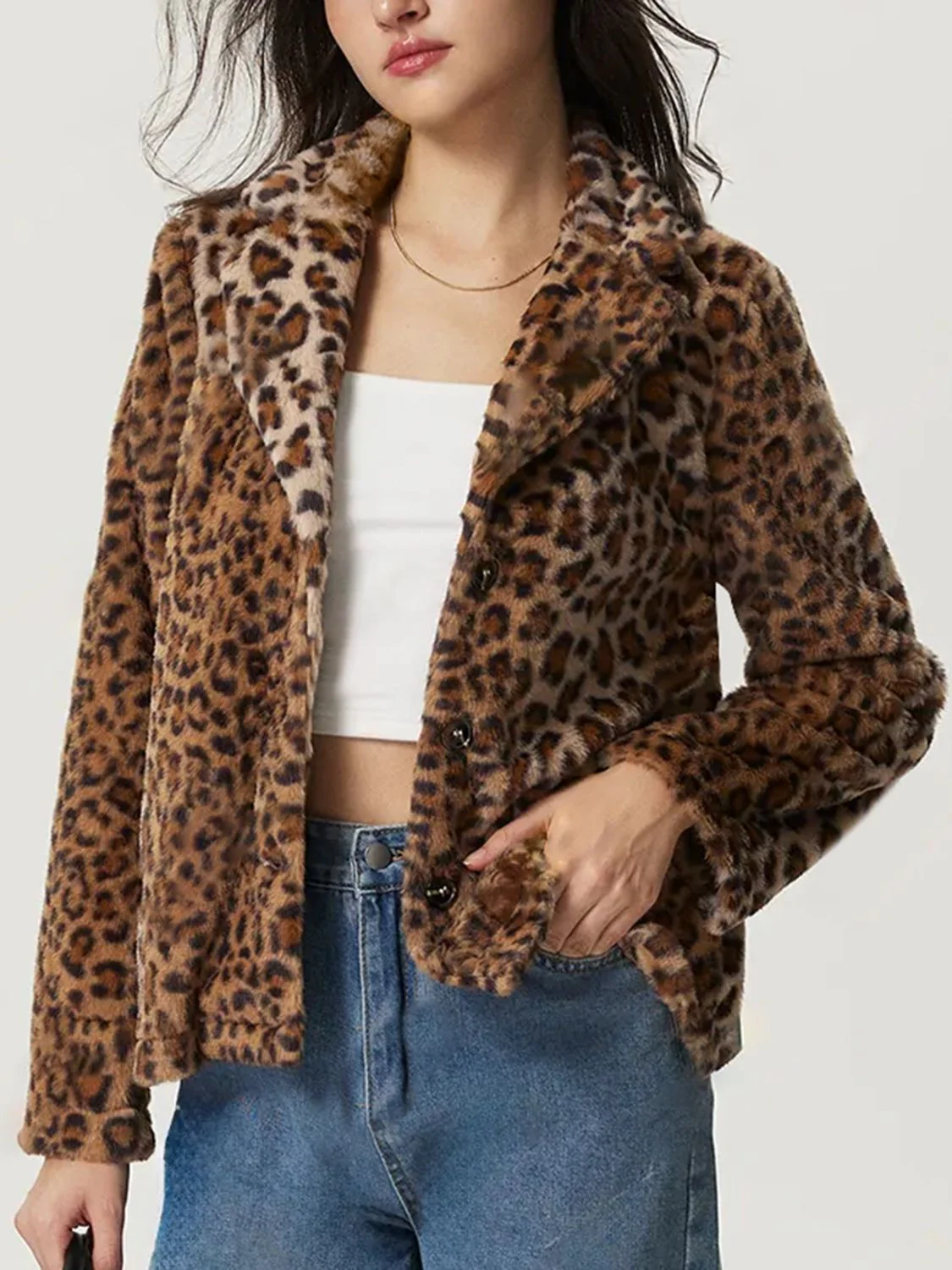 Fuzzy Leopard Collared Neck Jacket - Image 3