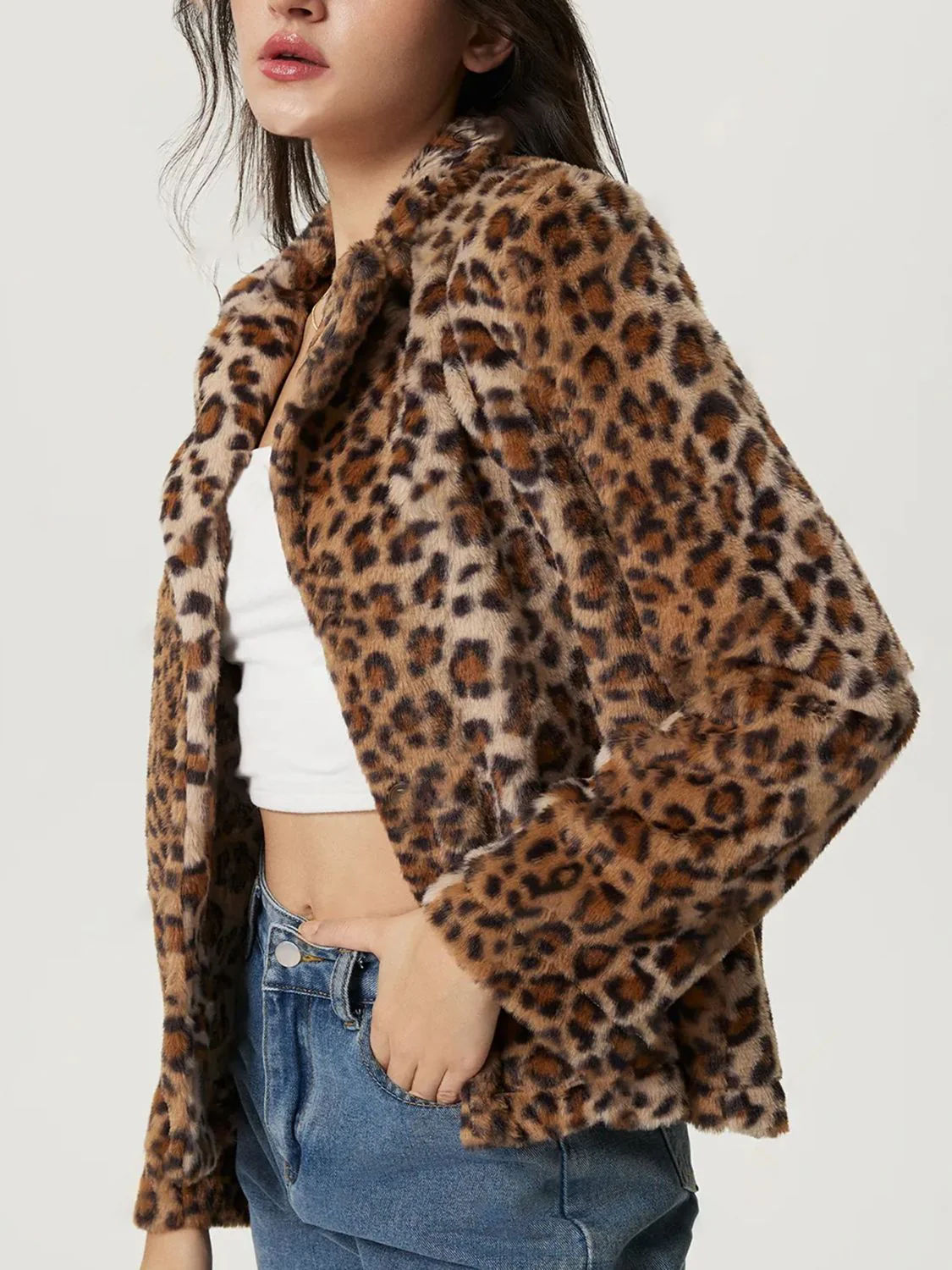 Fuzzy Leopard Collared Neck Jacket - Image 4