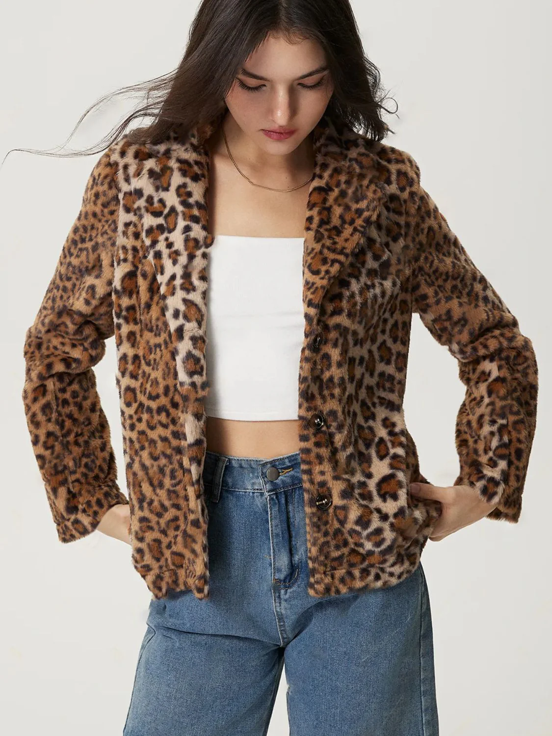 Fuzzy Leopard Collared Neck Jacket - Image 5