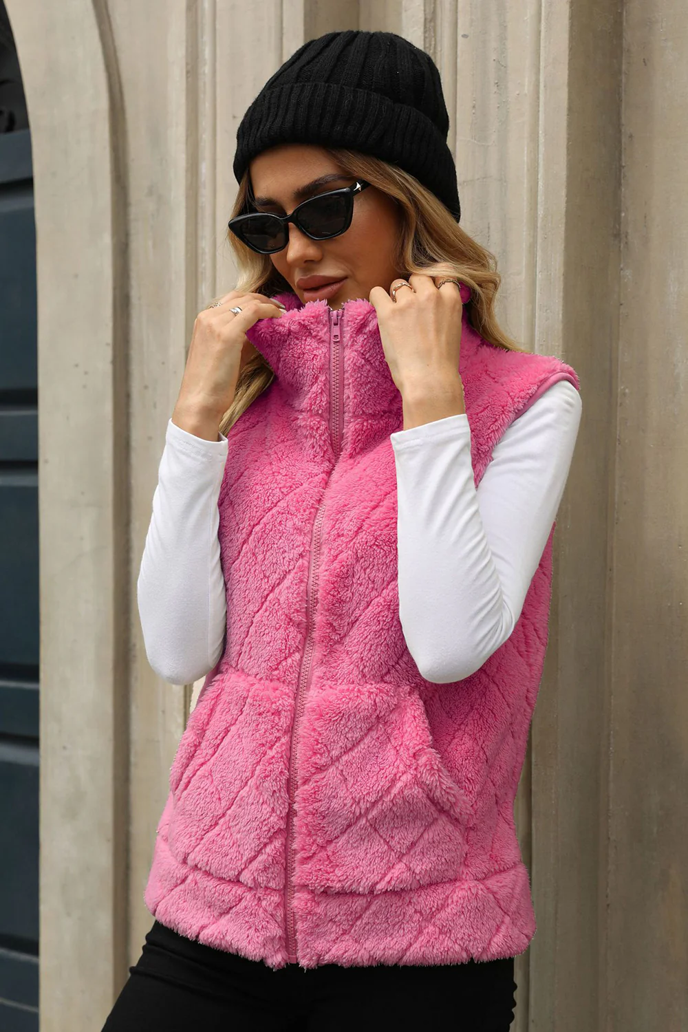 Fuzzy Plaid Texture Zip Up Vest Coat - Image 12