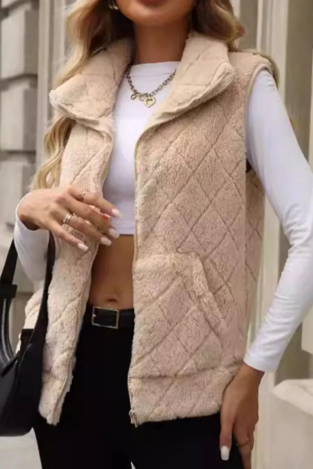 Fuzzy Plaid Texture Zip Up Vest Coat - Image 4